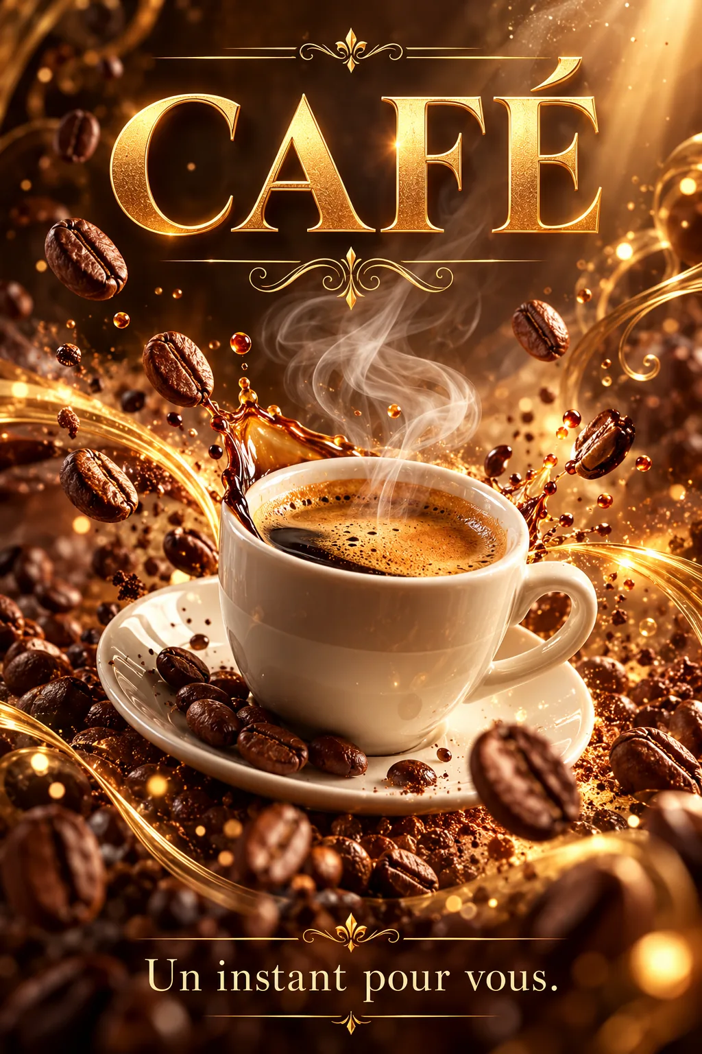 Affiche Café avec tasse, grains, éclats dorés et nombreux effets lumineux.