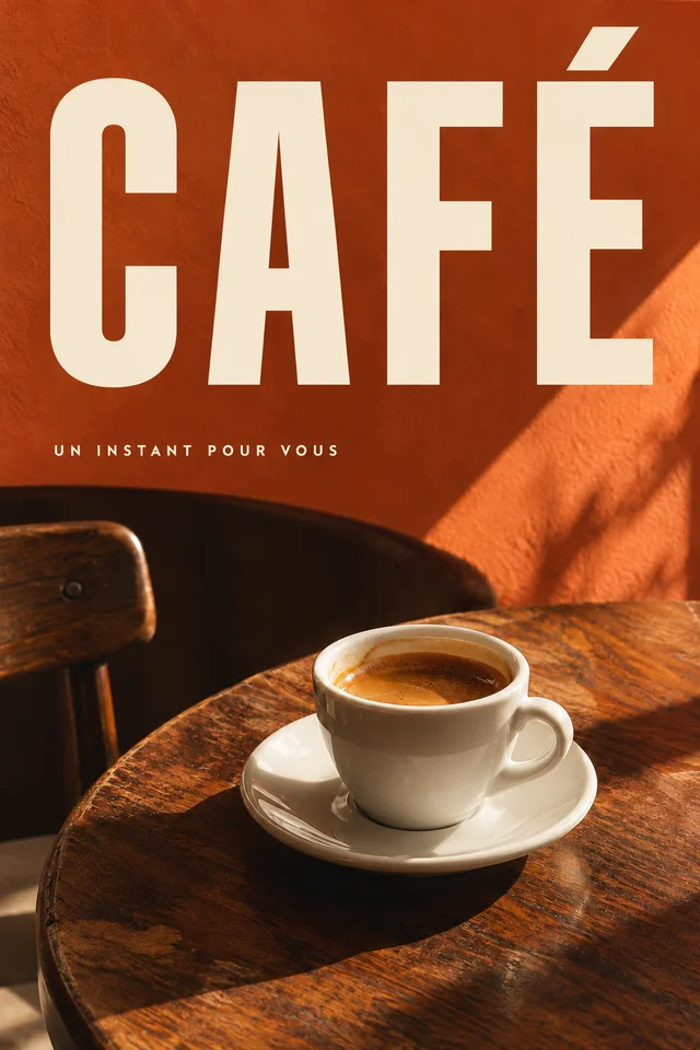Affiche Café travaillée : tasse photographiée sur une table en bois, fond terracotta et grande typographie crème.