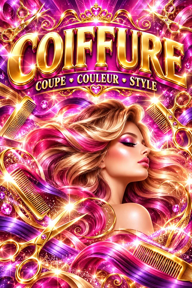 Affiche Coiffure volontairement surchargée : cheveux artificiels, ciseaux dorés, reflets et couleurs très saturées.