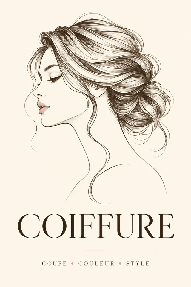 Affiche Coiffure épurée : portrait au trait, fond ivoire et typographie sobre.