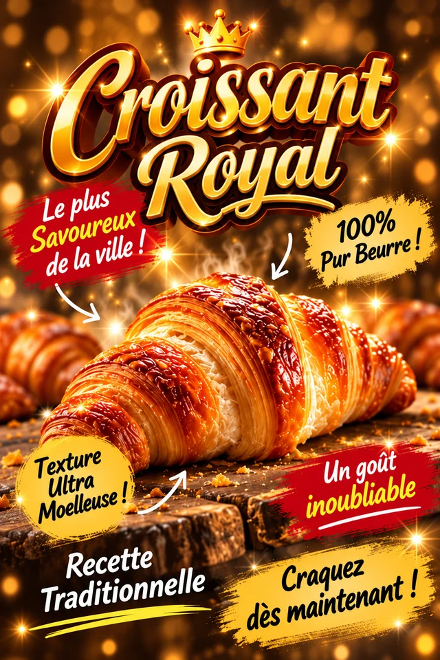 Affiche Croissant Royal chargée, avec effets dorés, étoiles et nombreuses accroches.