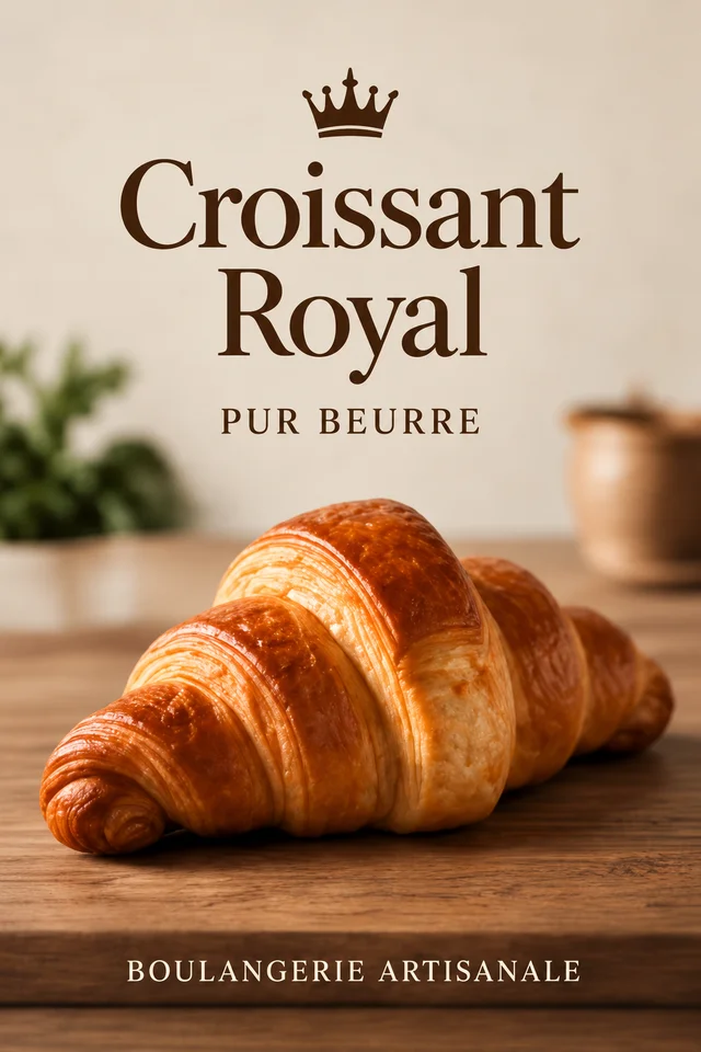 Affiche Croissant Royal épurée, avec une photo de croissant, un titre et trois mentions courtes.