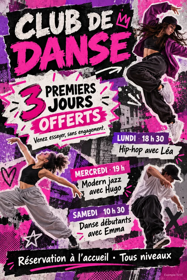 Même offre et planning danse, dans une composition chargée de collages magenta et de silhouettes. Exemple fictif.