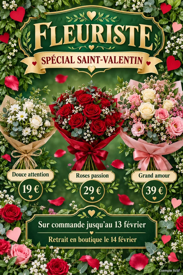 Mêmes trois bouquets et prix Saint-Valentin, dans un catalogue vert chargé de feuillage, rubans et cœurs. Exemple fictif.