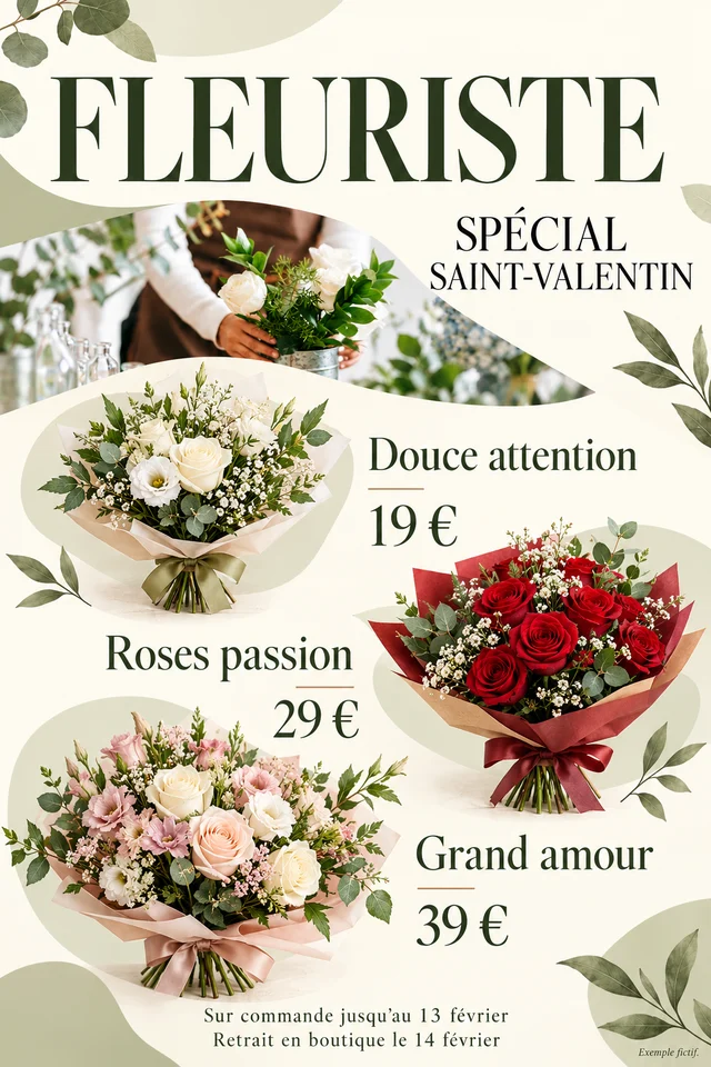 Fleuriste spécial Saint-Valentin : Douce attention 19 €, Roses passion 29 €, Grand amour 39 € ; commande au 13 février, retrait le 14. Exemple fictif, présentation crème et verte.