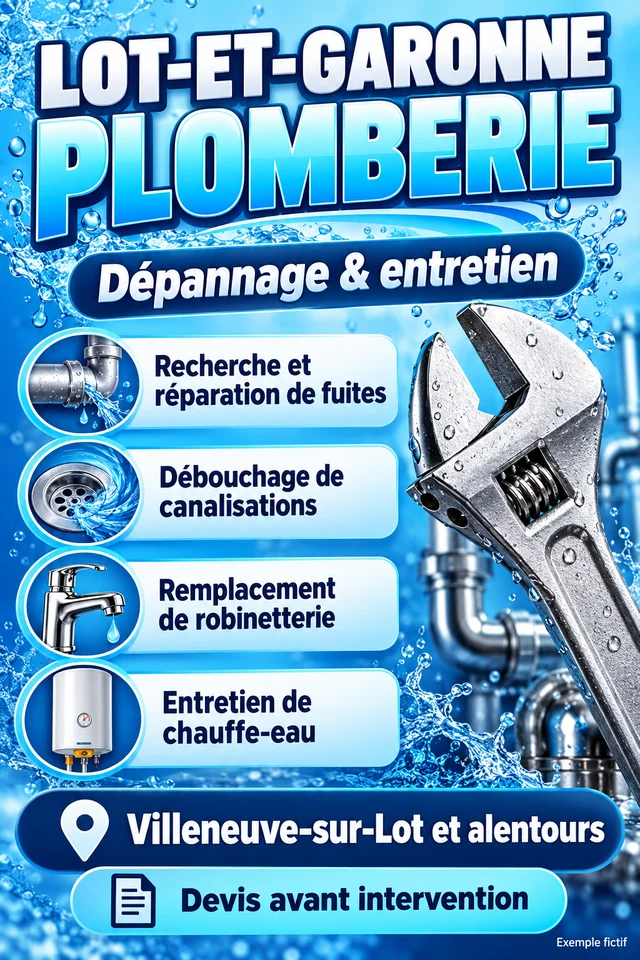 Même offre de plomberie : fuites, canalisations, robinetterie et chauffe-eau ; composition bleue chargée de reflets et pictogrammes. Exemple fictif.