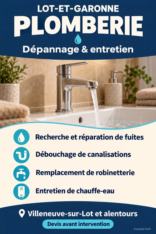 Lot-et-Garonne Plomberie : fuites, débouchage, robinetterie et chauffe-eau à Villeneuve-sur-Lot et alentours ; devis avant intervention. Exemple fictif, présentation structurée.