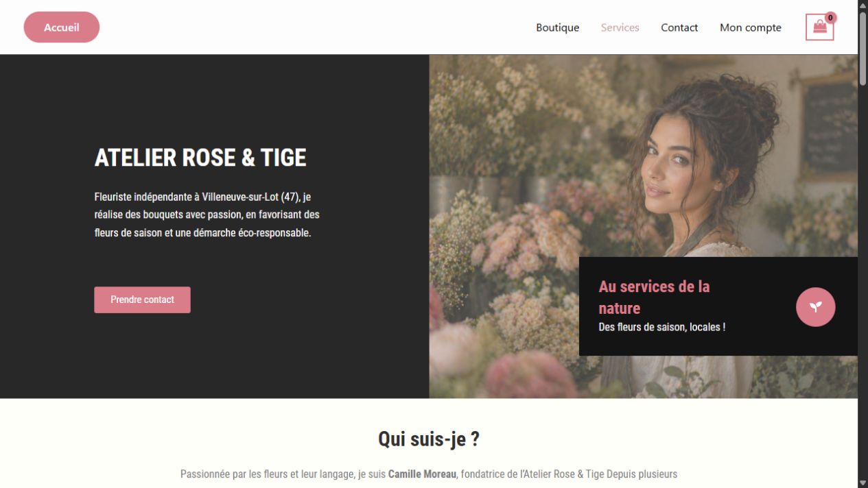 Capture réelle de la page d’accueil Atelier Rose & Tige